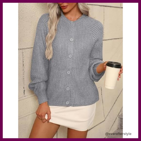 Chunky Knit Cardigan Women's Long Sleeve Cable Crewneck Button Down Oversized - Picture 5 of 8